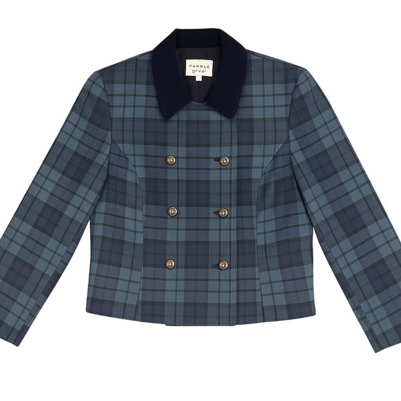 Carroll Reed Jackets & Blazers - Carroll Reed Blazer Womens 14P‎ Blue Plaid Wool Double Breasted Velvet Collar